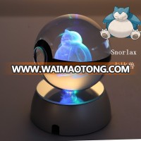 Free Shipping 50mm 80mm Snorlax New Design Crystal Pokemon Ball For Valentine Gift With LED Light